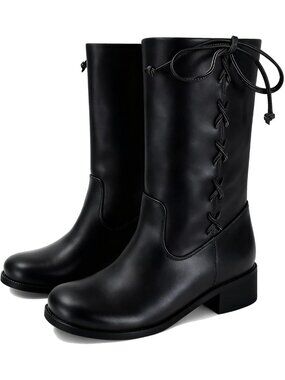 Women's Black Wide Lace up Chunky Low Heel Booties Comfortable Round Toe Boots